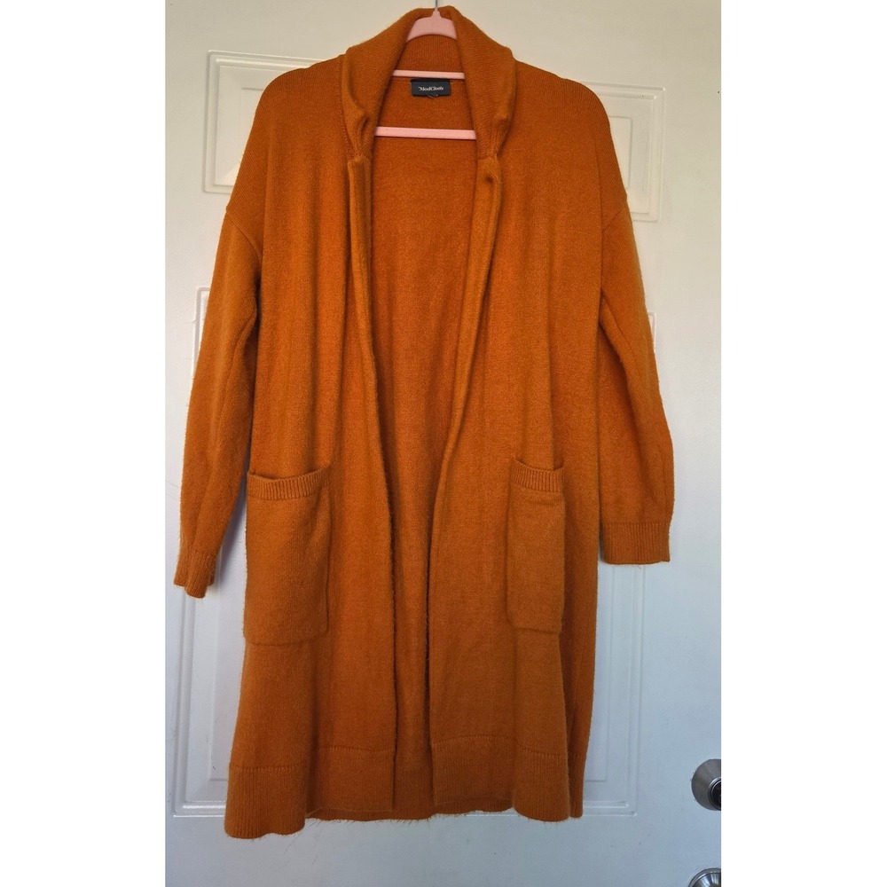 ModCloth Burnt Orange Longline Open Front Cardigan Sweater Shawl Collar Pockets